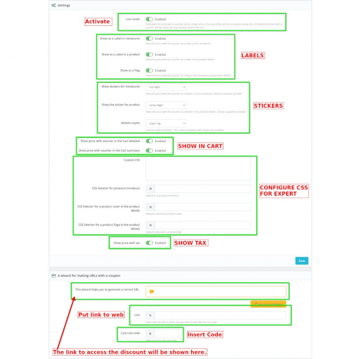 Prestashop set cart rule with link (URL) Show the price with a voucher